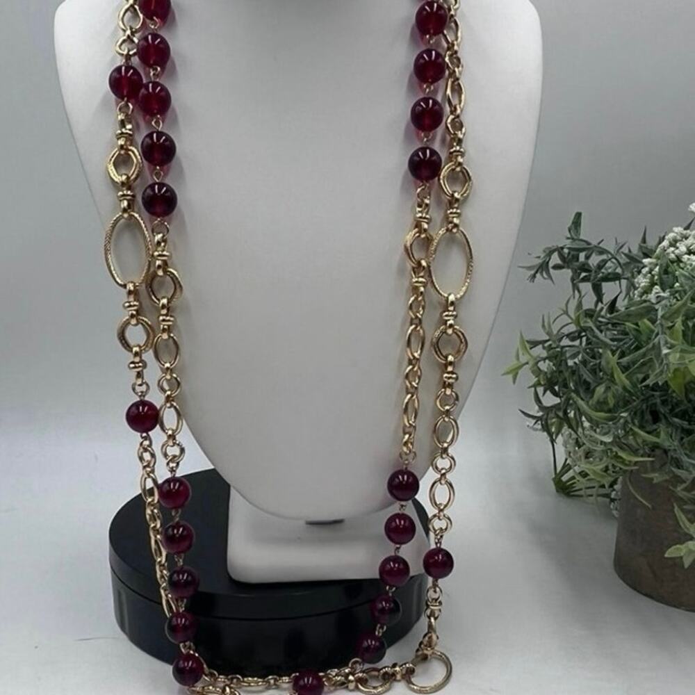 Talbots gold tone Double Strand Red Bead Long Necklace New